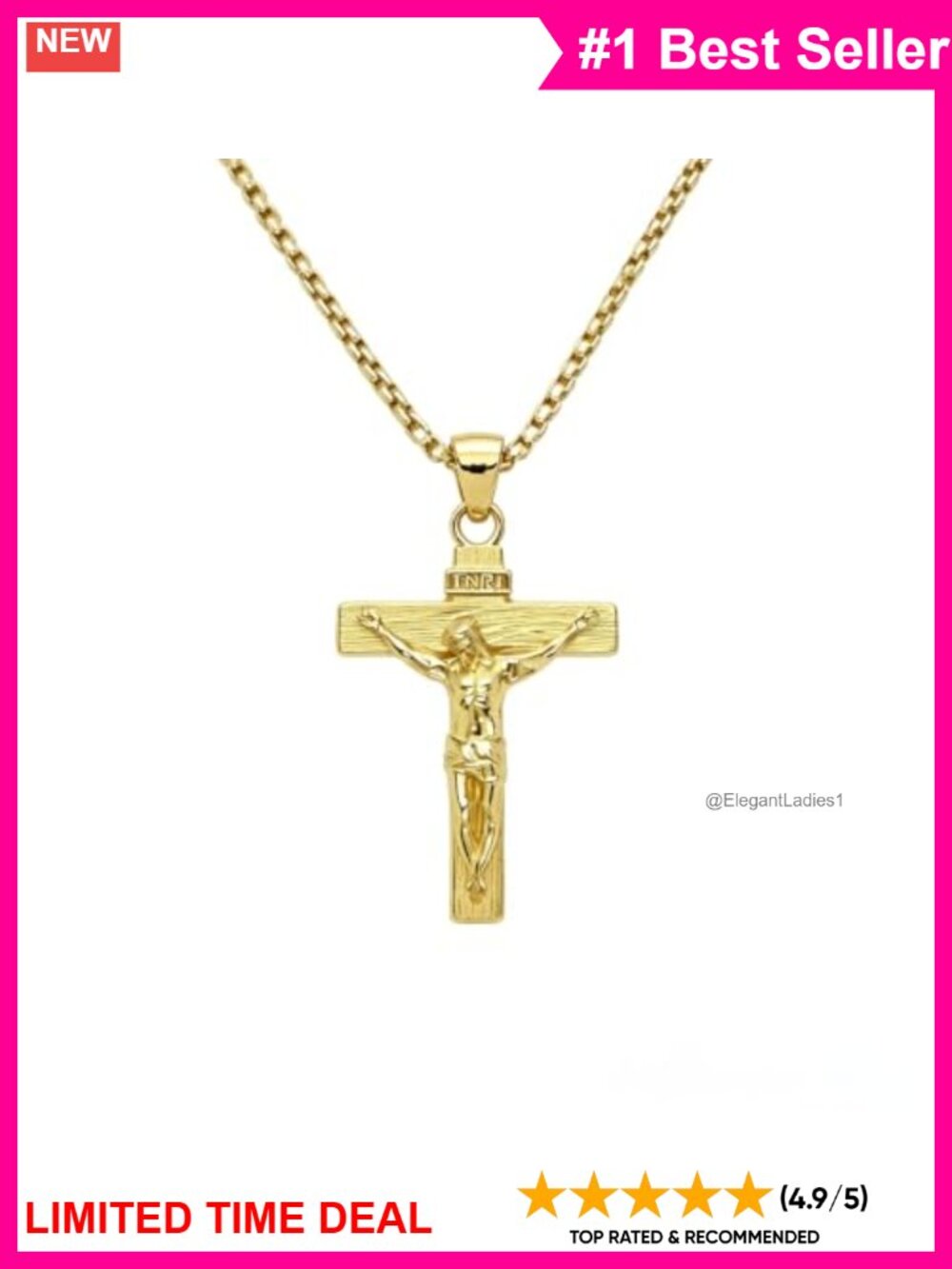 14K Gold Plated Cross Pendant Necklace 24" Box Chain Unisex Gift